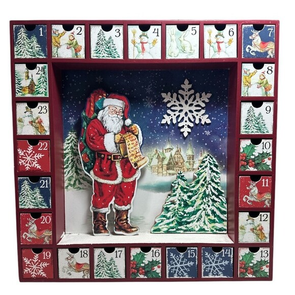 Wooden‎ Christmas Scene Advent Calendar 24 Removable Boxes Santa Countdown 16x16 - Picture 1 of 5